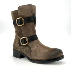 The Double Belt Moto Bootie in Grey Black