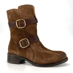 The Double Belt Moto Bootie in Brown