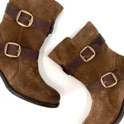 The Double Belt Moto Bootie in Brown