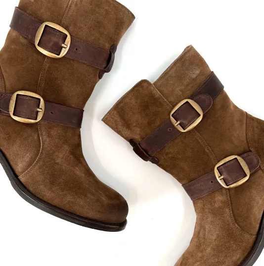 The Double Belt Moto Bootie in Brown