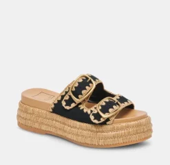The Dual Buckle Sandal With Crochet Trim in Black