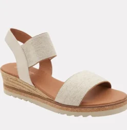 The Elastic Dual Band Low Wedge Sandal in Beige Linen