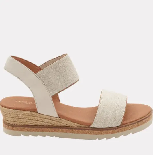 The Elastic Dual Band Low Wedge Sandal in Beige Linen