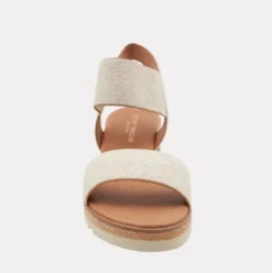 The Elastic Dual Band Low Wedge Sandal in Beige Linen