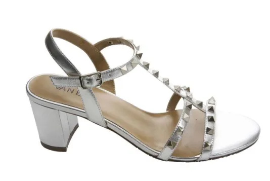 The Mid Heel Pyramid Stud Sandal in Silver