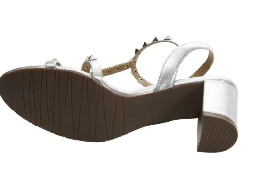 The Mid Heel Pyramid Stud Sandal in Silver