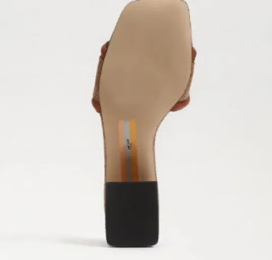 The Raffia & Leather Signature Block Heel Slide in Cognac