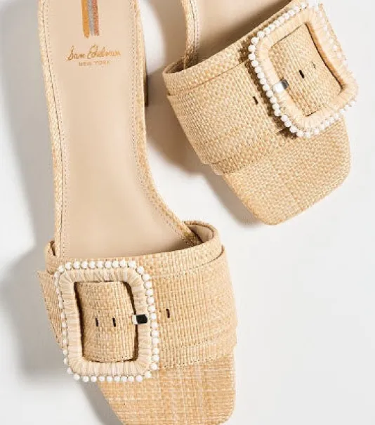 The Raffia Flat Sandal with Beaded Buckle in Bleachwood