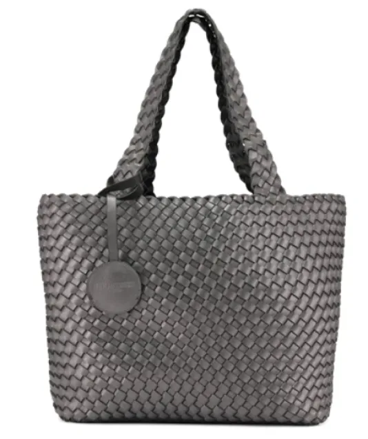 The Reversible Woven Tote in Black & Gunmetal