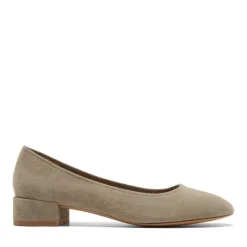 The Round Toe Classic Low Heel Pump in Taupe Suede