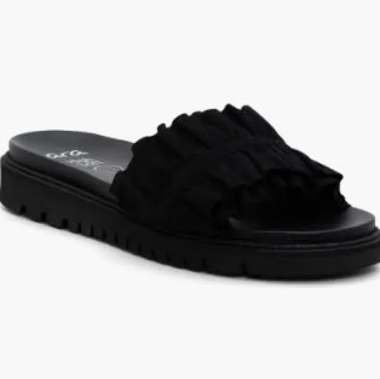 The Ruffle Comfort Slide Sandal in Black