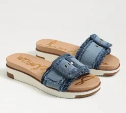The Sport Slide with Buckle in Faded Denim
