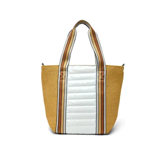 The Sunset Tote in Dune Raffia and White Patent