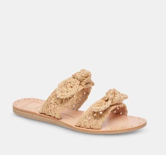 The Woven Raffia Dual Bow Flat Sandal in Natural